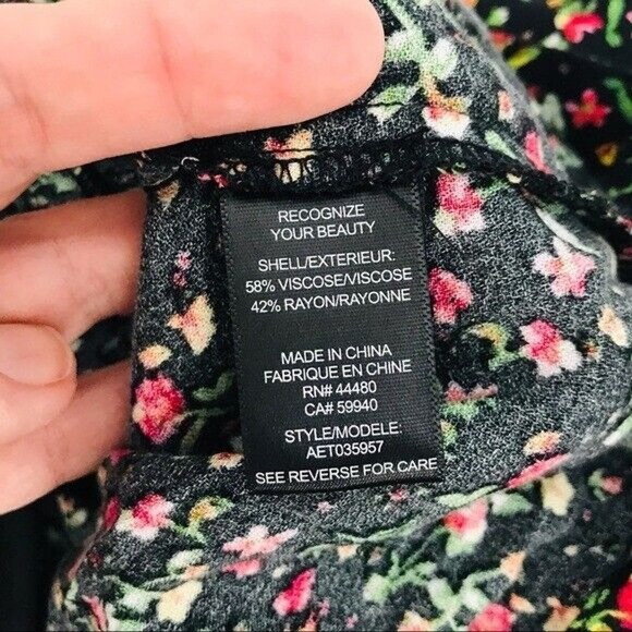 AFRM Top Garden Floral Blouse Puffed Drape Sleeve Black Viscose Zip, M - Picture 16 of 16